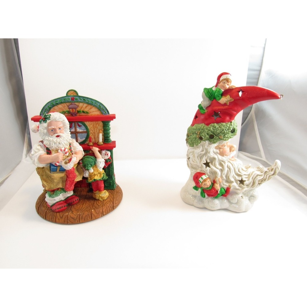 Cheryl Ann Santa Workshop & Moon with Elves Porcelain Christmas Figurines